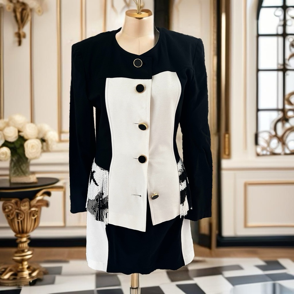 Vintage Cento Black and White Beaded Suit-Skirt Size XS